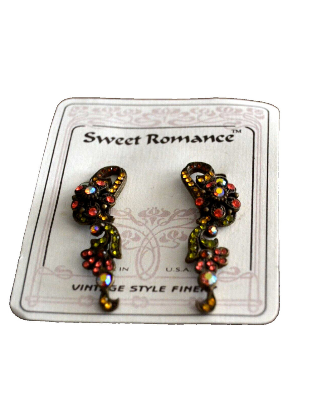 Sweet Romance Vintage Style Rhinestone Dangle Post Earrings Gold Tone 2" USA